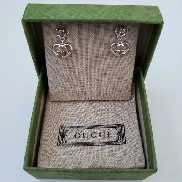 GUCCI Sterling Silver Love Britt Double G Heart Drop Earrings